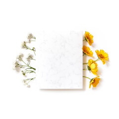 Naklejka na ściany i meble Flower composition. A template from a sheet of paper with a marble pattern is on a white background. Nearby are yellow flowers. Social media background. Holiday layout. Flat lay, copy space.