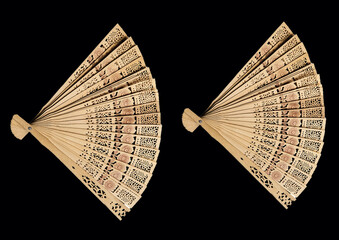 Set of chinese fan on black isolated background. accessory for rescue from heat and stuffiness