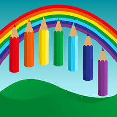 set of colored pencils and rainbow. vector