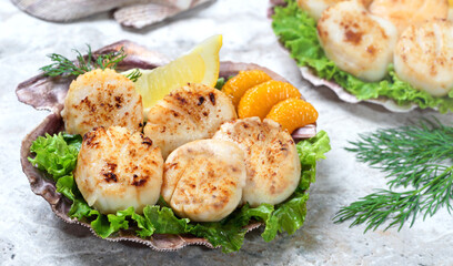 Bright and airy image of seared sea scallops served in scallop shells with lemon, dill, and mandarin orange slices on marbled surface