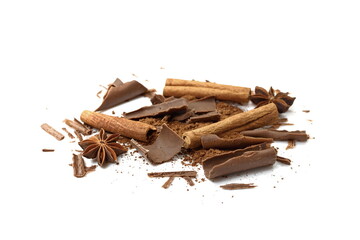 cocoa powder and chocolate chips isolated on white background