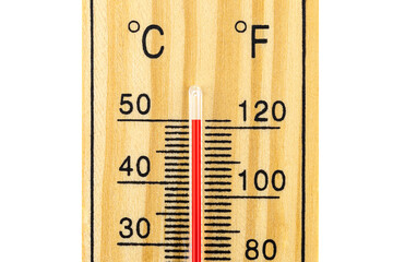 A macro shot of a classic wooden thermometer showing a temperature of 50 degrees Celsius, 122 degrees Fahrenheit, isolated on a white background with a clipping path.