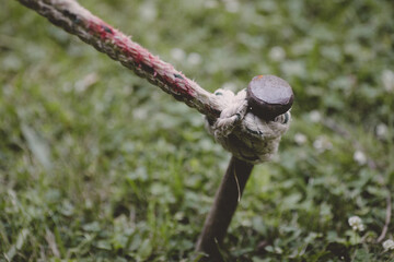 Shallow depth of field (selective focus) image with a rope holding a big tent (not pictured) tied to a heavy metal spike buried in the ground.