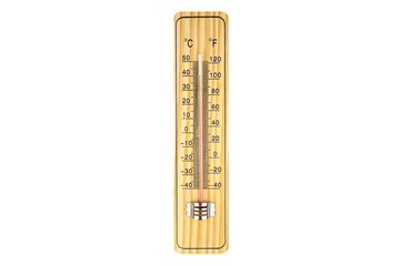 Classic wooden thermometer showing a temperature of 40 degrees Celsius, 104 degrees Fahrenheit, isolated on a white background with a clipping path. - obrazy, fototapety, plakaty