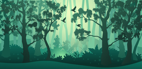 Vector forest background. Trees, bushes and thickets in the form of silhouettes. 