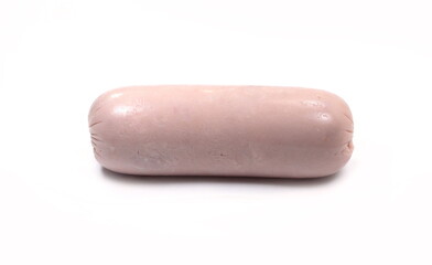 Boiled ham sausage sliced on white background