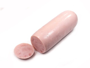 Boiled ham sausage sliced on white background