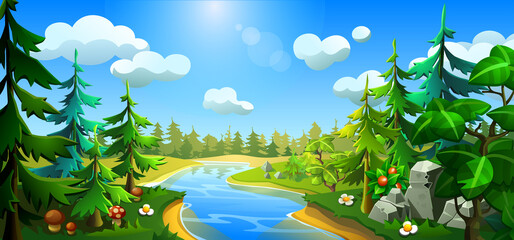 Forest with a river, spruces, mushrooms and stones. Summer landscape of nature. Cartoon illustration. © Vladislav K