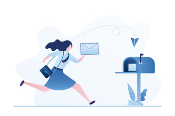 Postman running delivering letter. Classic american mailbox with post. Beautiful female worker mail delivery. Digital marketing concept.
