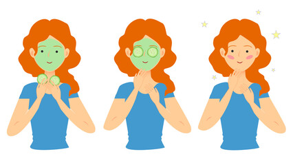 Cucumber mask. Facial skin care procedure. Cosmetics. Set. Red haired girl. Vector illustration