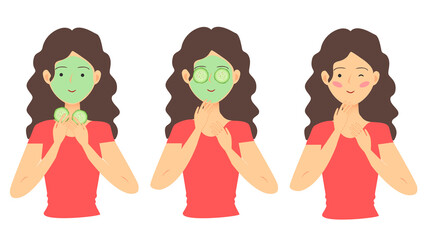 Cucumber mask. Facial skin care procedure. Cosmetics. Set. Girl. Vector illustration