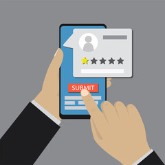 Cartoon hands holding and touch mobile phone. Customer negative review, testimonials about app or internet marketplace. Poor quality
