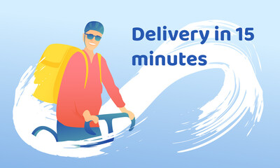 Obraz premium Young handsome guy in a helmet with a thermo bag carries delivery. Man courier on a background of dynamic movement rides fast on a bicycle.