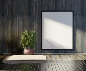 A template of an empty poster on a wooden wall in the interior of a country house. Empty frame for photos and lettering. House plant on the floor. 3D rendering.