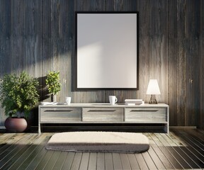 A template of an empty poster on a wooden wall in the interior of a country house. Empty frame for photos and lettering. Wooden console and rug on the floor. 3D rendering.