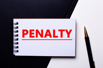 The word PENALTY is written on a black and white background near a pen. Financial concept