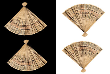 Set of chinese fan on black and white isolated background. accessory for rescue from heat and stuffiness