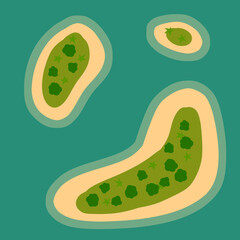 Tropical island. View from top. South sea and ocean. Green forest with trees. Nature and summer landscape. A place for vacation and travel. Flat cartoon