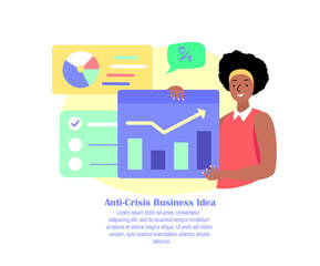 Businesswoman Presenting Anti-Crisis Concept,Bankrupt Company.Financial Benefit,Income,Interest Rate,Profit.Business Revenue Increase.Successful Interest Growth,Increase,Trade.Flat Vector Illustration