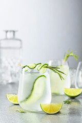 Detox drink or green iced refreshing lemonade with rosemary, cucumber and lime.