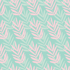 Seamless palm leaf leaves texture pattern. Stylish repeating texture. Trendy. Botanical beach pattern with teal and pink leaves.