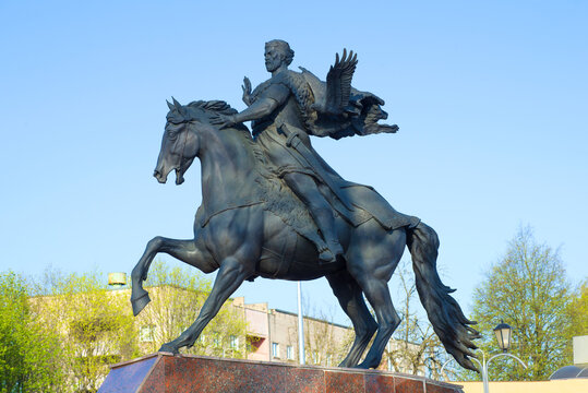 POLOTSK, BELARUS - APRIL 28, 2019: A sculpture of Prince Vseslav close-up against a blue sky