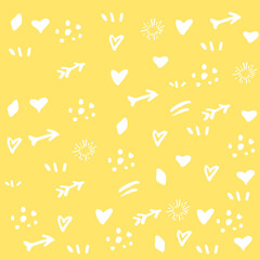 Yellow background with white signs of stars, hearts, arrows