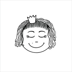 Portrait of a princess with long hair. Outline freehand drawing of cartoon little girl character. Pleasure baby face line icon. Baby face with closed eyes outline vector illustration isolated on white