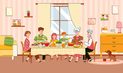 Family reunion at festive meal scene with grandparents and children, cartoon vector illustration. The family has lunch together at a common large table.