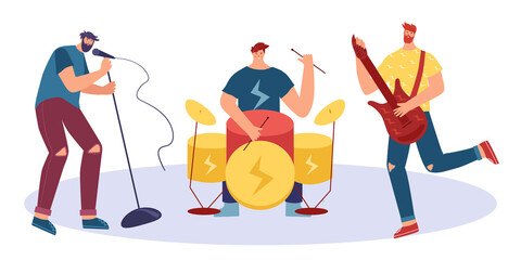 Rock band. A group of young men playing musical instruments. Vector illustration.