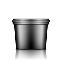 Black bucket with cap mockup isolated from background: ice cream, yoghurt, mayo, paint, or putty container. Plastic package design. Blank food or decor product template. 3d vector illustration