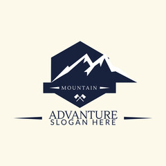 Fototapeta premium Outdoor equipment template logo vector with mountain silhouette
