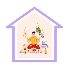 Man cartoon character takes care of himself and meditation staying at home, flat vector illustration isolated on white background. Home activity for wellness and health.