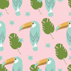 Tropic bird toucan and multicolor parrot on the background exotic lotus flower and palm leaf on pink background. Print summer floral plant. Nature animals wallpaper. Seamless vector pattern