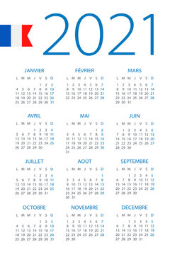 Calendar 2021 - illustration. French version.Week starts on Monday