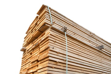 large stacks of wooden planks isolated on white background.