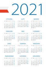 Calendar 2021 - illustration. Polish version.Week starts on Monday