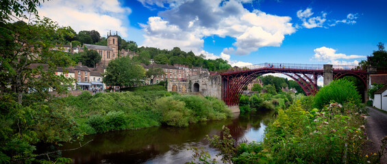 2019 wide shot of the famous Ironbridge in the town of Ironbridge Shropshire.