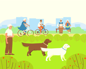 Obraz na płótnie Canvas Relax in park for the elderly. Dog handler walks Labradors. A couple reads on a bench. Grandma rides a bicycle with her grandson. Summer time of the year. Flat vector illustration.