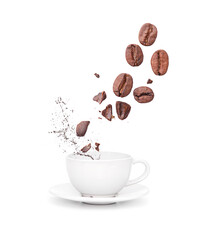 White ceramic mug, cup with splashes of liquid coffee and coffee beans, isolated 