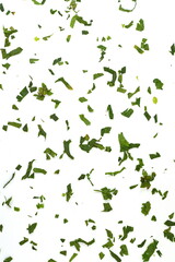 Fototapeta na wymiar Fresh green chopped parsley leaves isolated on white background and texture, top view. Chopped parsley on a white background isolated. Chopped Parsley Leaves. Fresh Herbs 