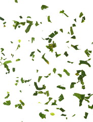 Fresh green chopped parsley leaves isolated on white background and texture, top view. Chopped parsley on a white background isolated. Chopped Parsley Leaves. Fresh Herbs 