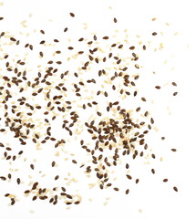 Organic Linseed or Flaxseed (Linum usitatissimum)  and sesame isolated on white background.