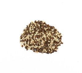 Organic Linseed or Flaxseed (Linum usitatissimum)  and sesame isolated on white background.