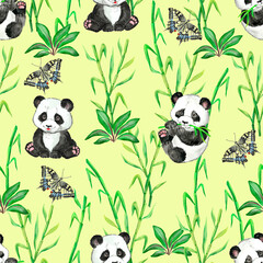 Watercolor pattern with cute kids pandas and cane.