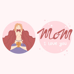 Cute holiday card for mom on a pink background. Girl gives mom a gift. Vector illustration.