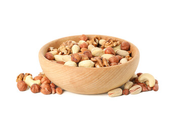 Bowl with different nuts isolated on white background. Vitamin food
