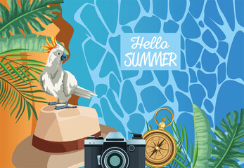 hello summer seasonal scene with photographic camera and hat
