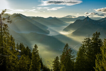 Beautiful views on Lake Lucerne covered by clouds and surrounding Swiss Alps as seen from Rotenflue