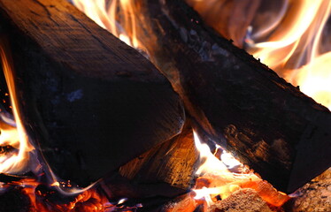 Close up shot of burning firewood in the fireplace.
